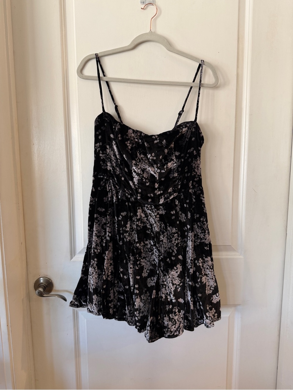 Maeve Black Velvet Floral Slip Dress with Light Gray Blooms